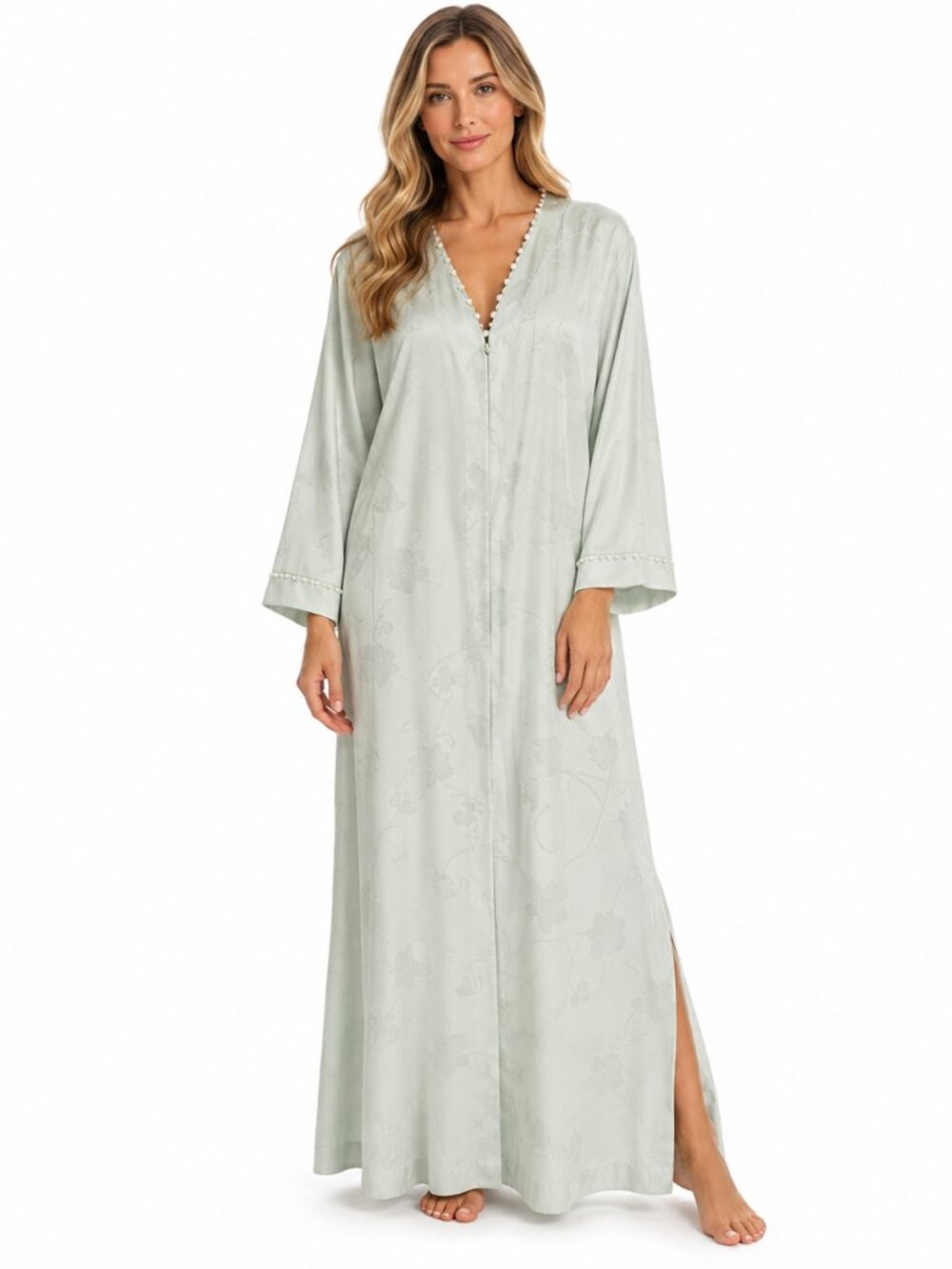 Vintage Oscar de la Renta 1/2 Zip Kaftan M Green Floral Damask Lace Trim Cozy